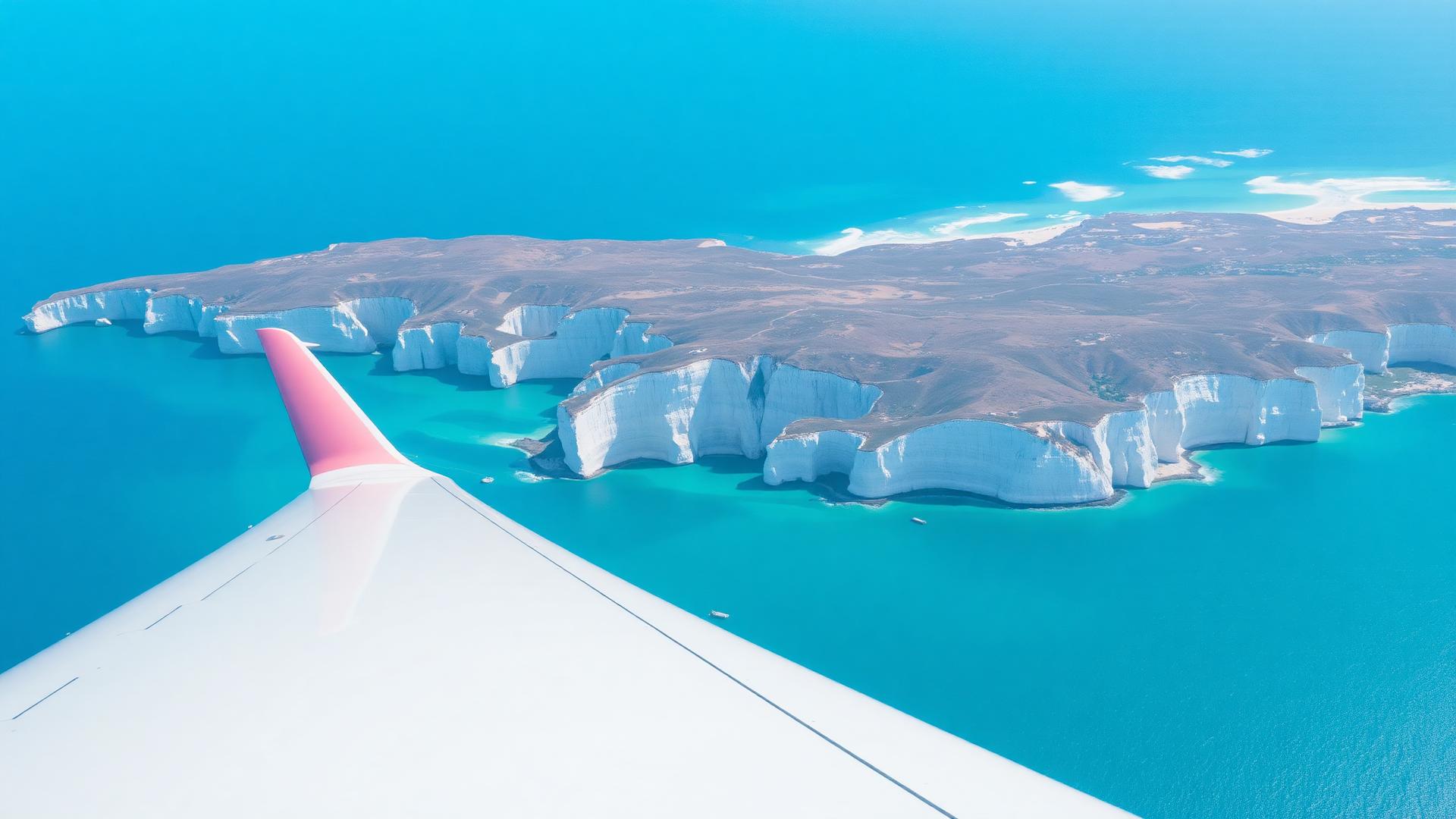 Airplane wing over a turquoise coastline